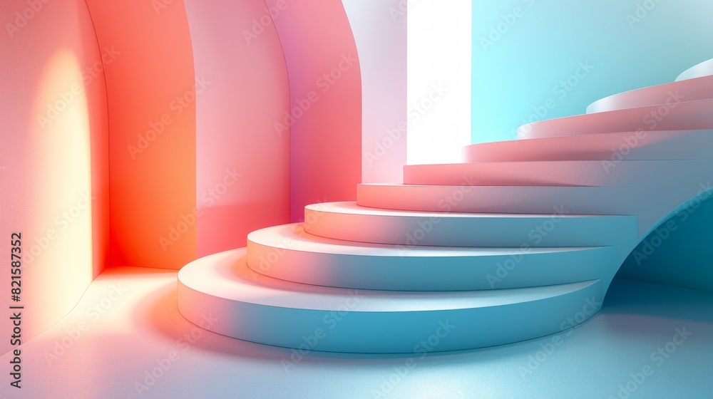 Curved pink and blue staircase in a minimalist setting. Curved pink and blue staircase in a minimalist setting.