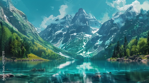 A majestic mountain range with snow-capped peaks and a clear alpine lake  set against a rich teal background that enhances the natural grandeur of the landscape.