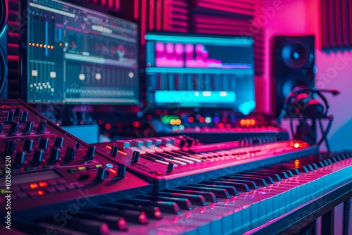 A Digital Music Production Studio with Keyboards, Mixing Consoles, and Software
