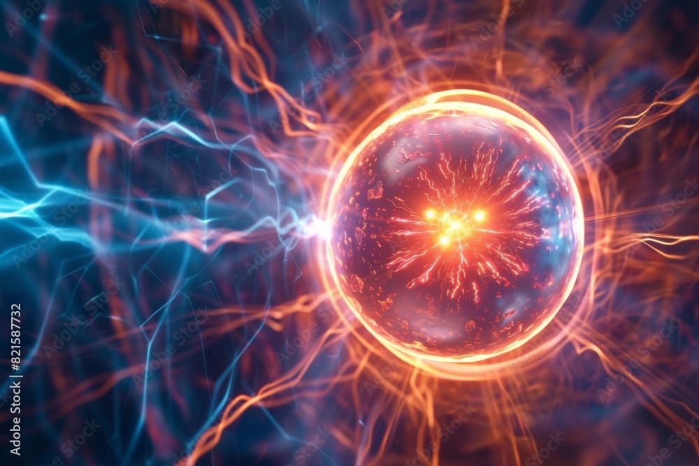Fototapeta premium A Futuristic Concept of a Plasma Energy Source, with a Glowing Sphere and Radiant Plasma Streams