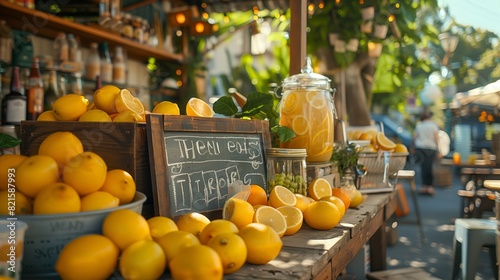 Fototapeta Naklejka Na Ścianę i Meble -  Sunny Lemonade Stand with Fresh Citrus. Sunny lemonade stand featuring fresh citrus fruits and a large jar of lemonade, set up in a lively outdoor market.