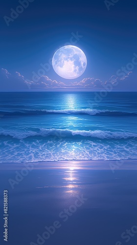 The moon shines on the dark blue sea  and there is only one huge bright full pearl in the sky. 