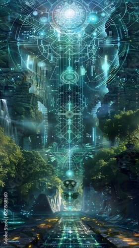 Quantum Realm Illustrated Geometric Lattices Meet Tranquil Natural Landscapes in Raygun Gothic