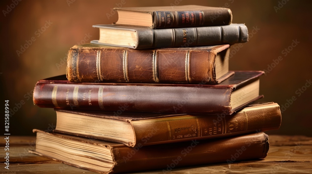 Close-up of a stack of books of various sizes and subjects, symbolizing vast knowledge, isolated background with studio lighting, perfect for educational advertising Close-up of a stack of books of various sizes and subjects, symbolizing vast knowledge, isolated background with studio lighting, perfect for educational advertising