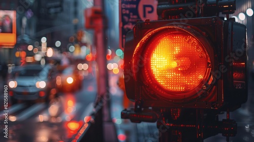 Close-up of a Stop signal glowing in a busy city during daytime, capturing the vibrant red light in the urban setting