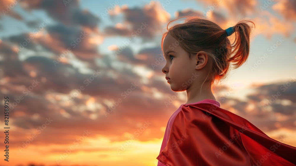little girl in red superhero cape flying hair dramatic sky background empowerment concept little girl in red superhero cape flying hair dramatic sky background empowerment concept