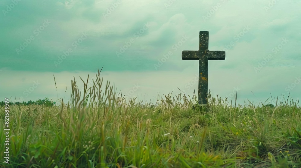 lone cross in grassy meadow with copy space worship background lone cross in grassy meadow with copy space worship background