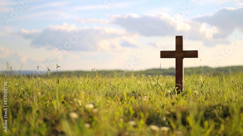 lone cross in grassy meadow with copy space worship background
