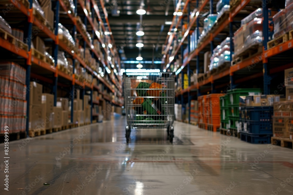 Shopping cart in the aisle of a warehouse store Shopping cart in the aisle of a warehouse store