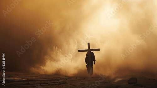 lone silhouette carrying cross in desert dust storm spiritual concept