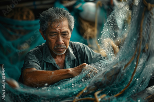 Wallpaper Mural A local fisherman repairing his fishing net on a wooden boat Torontodigital.ca