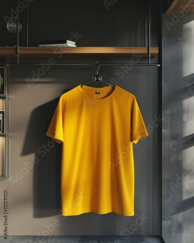 A vibrant yellow t-shirt displayed on a black hanger inside a dark modern wardrobe, casting a soft shadow
