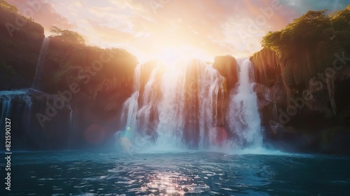 majestic waterfall cascading into tranquil river heavenly landscape with radiant sun