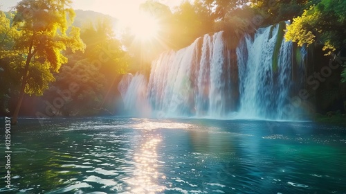 majestic waterfall cascading into tranquil river heavenly landscape with radiant sun