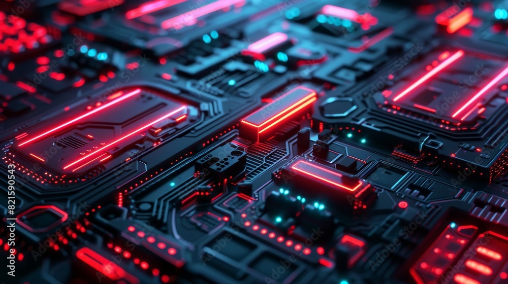 Fototapeta premium Futuristic circuit board with glowing red and blue lights and intricate electronic components