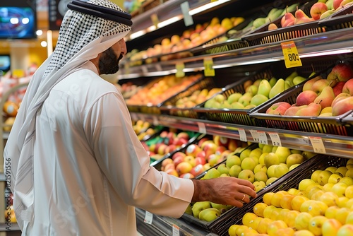 Saudi Gulf Arab man wearing a shemagh and white traditional dress, selecting the best types of pear fruit in the basket, in the supermarket background. photo