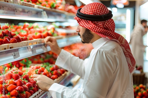 Saudi Gulf Arab man wearing a shemagh and white traditional dress, selecting the best types of strawberry fruit in the basket, in the supermarket background.