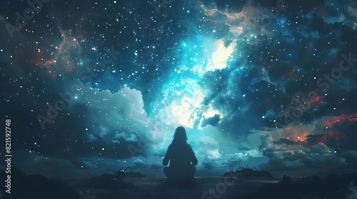 sacred mystical scene of a devout woman praying under a dramatic starry sky concept illustration