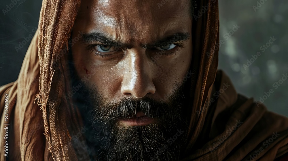 serious bearded man in shawl looking at camera closeup portrait of biblical character serious bearded man in shawl looking at camera closeup portrait of biblical character