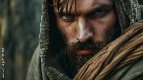 serious bearded man in shawl looking at camera closeup portrait of biblical character