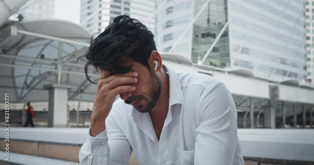 Middle Eastern man in wireless headphones sitting on steps street staircase clutches face with hands in grief Bent back and bowed head indicate deep grief. Grief clouds thoughts and fetters movements. Middle Eastern man in wireless headphones sitting on steps street staircase clutches face with hands in grief Bent back and bowed head indicate deep grief. Grief clouds thoughts and fetters movements.