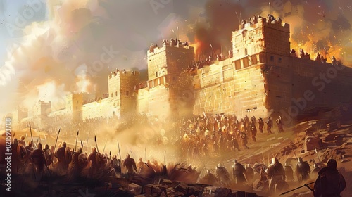 the walls of jericho collapsing as israelites march biblical battle scene illustration