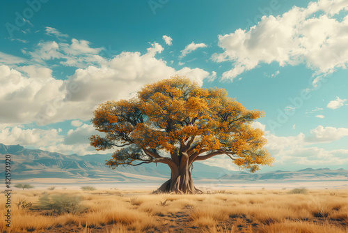 A lone baobab tree standing tall in the middle of an arid landscape