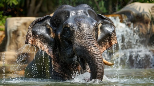 Male Asian elephant enjoying a bath photo
