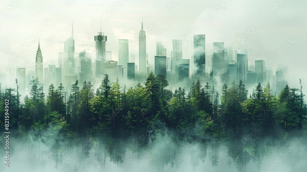 Obraz premium Reverse silhouette of an urban skyline with green rooftops, advocating for sustainable cities, high-resolution, super detailed rendering