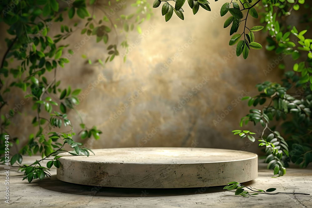 Minimalist stone podium for product displays with an earth tone, stone wall, and green leaves background. Minimalist stone podium for product displays with an earth tone, stone wall, and green leaves background.