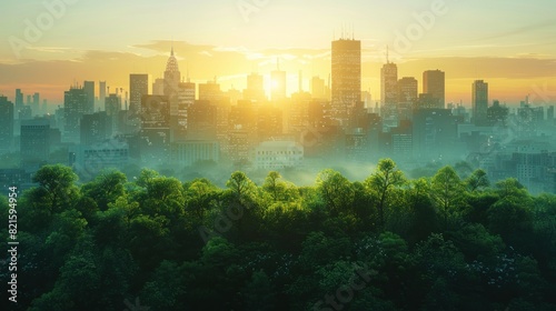 Reverse silhouette of an urban skyline with green rooftops, advocating for sustainable cities, high-resolution, super detailed rendering photo