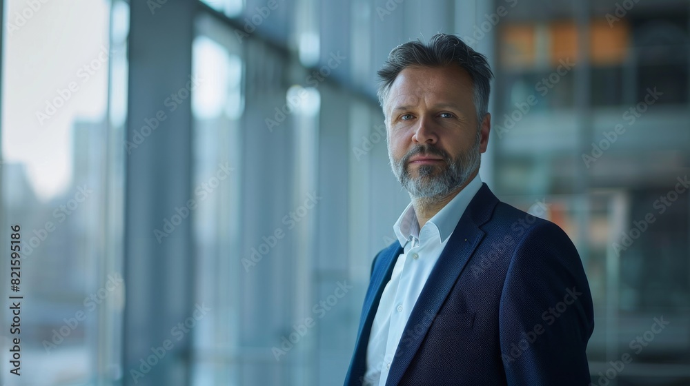 A well-dressed male executive stands with a confident pose in a contemporary office setting, looking directly at the camera A well-dressed male executive stands with a confident pose in a contemporary office setting, looking directly at the camera