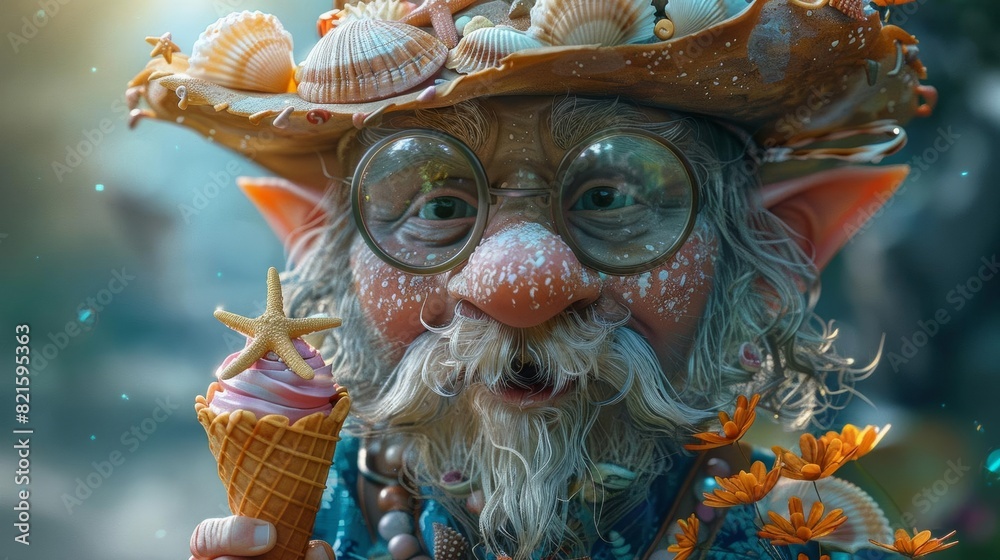 A fantasythemed gnome enjoying summer fun, with a beach hat adorned with seashells and starfish, and a colorful ice cream cone A fantasythemed gnome enjoying summer fun, with a beach hat adorned with seashells and starfish, and a colorful ice cream cone