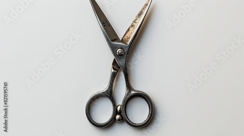 An advertisement theme, old-fashioned metal pendant scissors isolated on a white backdrop with plenty copy space for any content, Generative AI.