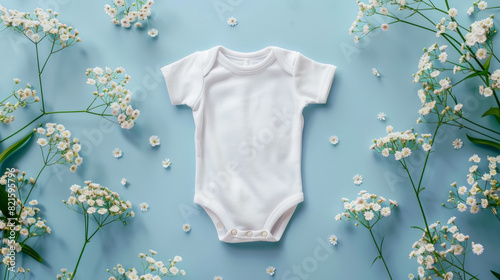 White cotton baby bodysuit on pastel blue background with small flowers. Advertising of gender neutral newborn short sleeve bodysuit template mock up. Infant onesie mockup, blank. Top view, flat lay