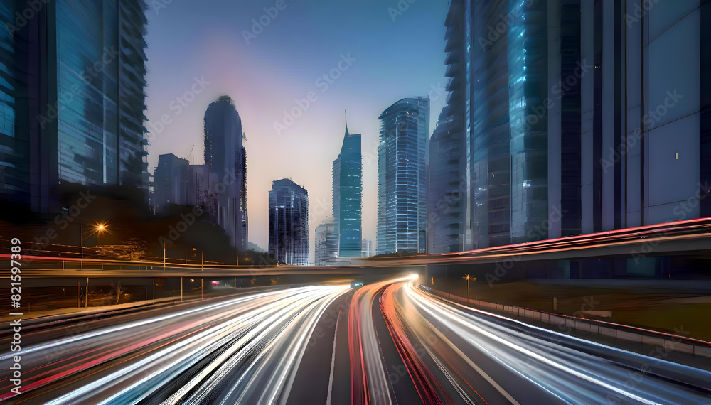 Fototapeta premium The light flow of traffic on an evening highway Abstract long exposure dynamic speed light trails in a city urban environment with modern high buildings, 