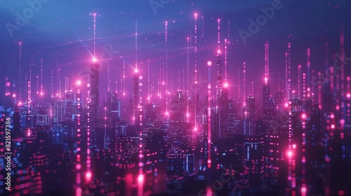 Futuristic cityscape with neon pink lights and a digital grid. Concept of technology, virtual reality, and digital transformation.