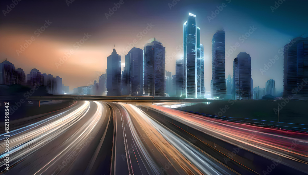 The light flow of traffic on an evening highway Abstract long exposure dynamic speed light trails  in a city urban environment with modern high buildings, 