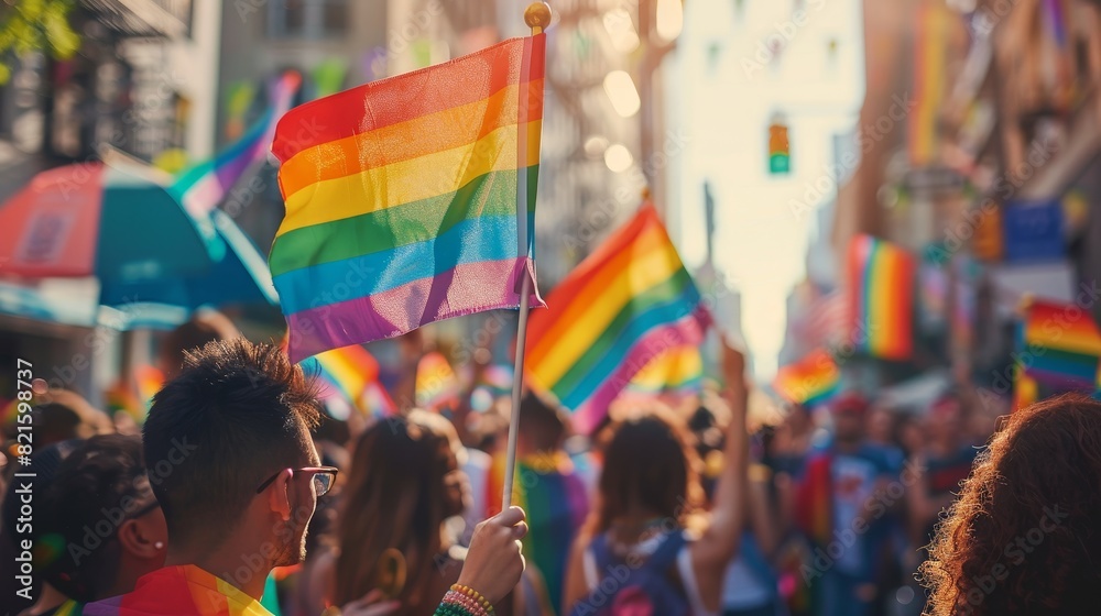 Diverse group holding rainbow flags. LGBTQ pride march, city street, festive atmosphere Diverse group holding rainbow flags. LGBTQ pride march, city street, festive atmosphere