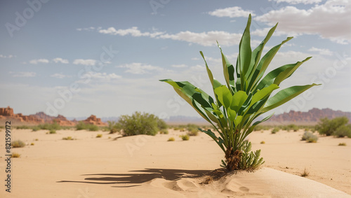 A small plant is growing out of the sand in a desert