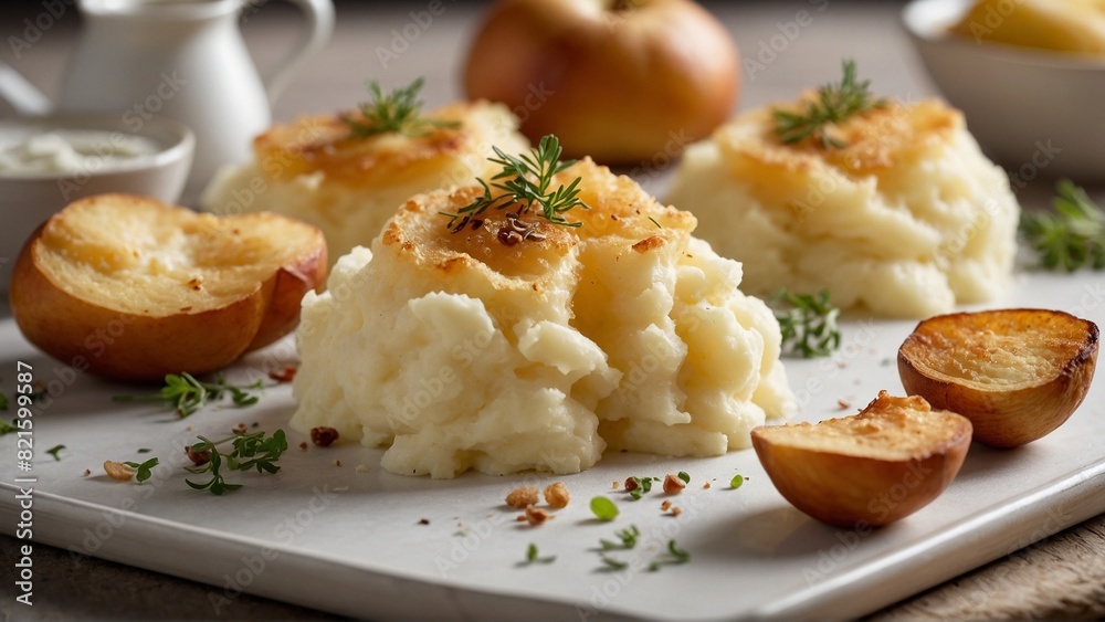 Pommes Duchesse - Mashed potato shapes baked until golden. Pommes Duchesse - Mashed potato shapes baked until golden.