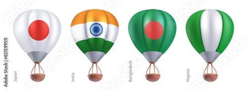Hot air balloons with national flag of Japan, India, Bangladesh, Nigeria. Sky travel or ballooning festival in flying basket aerostat concept. Vector 3d render cartoon airship on white background.