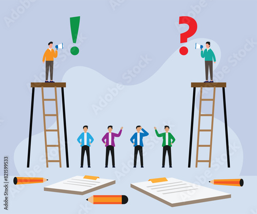 Office workers on ladders debating Ideas in a team meeting 2d flat vector illustration