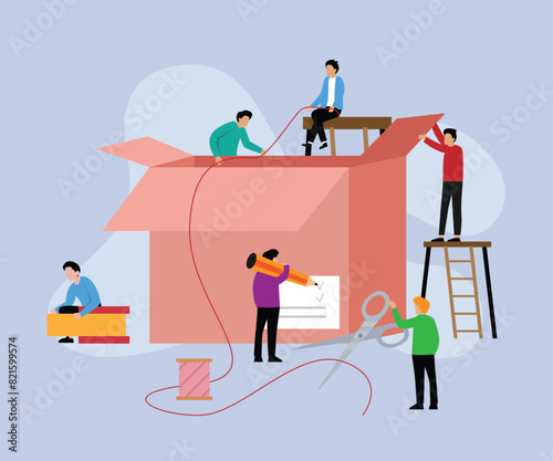 Group of people working together on a giant box 2d flat vector illustration