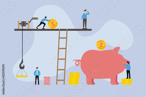 People work together to put money into a big piggy bank 2d flat vector illustration