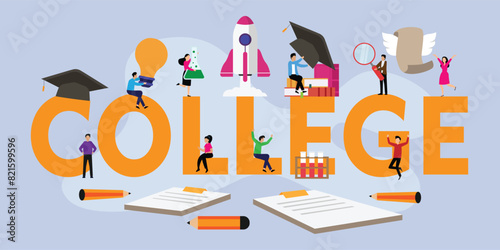 College students in various activities 2d flat vector illustration