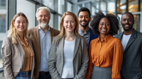 A diverse group of professionals from different continents, standing together, symbolizing global responsibilities and unity in the workplace.