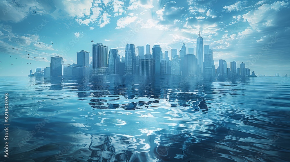 A thought-provoking illustration depicting a city skyline submerged in ...