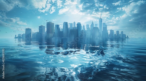 A thought-provoking illustration depicting a city skyline submerged in rising sea levels, with only the tops of skyscrapers visible above the water