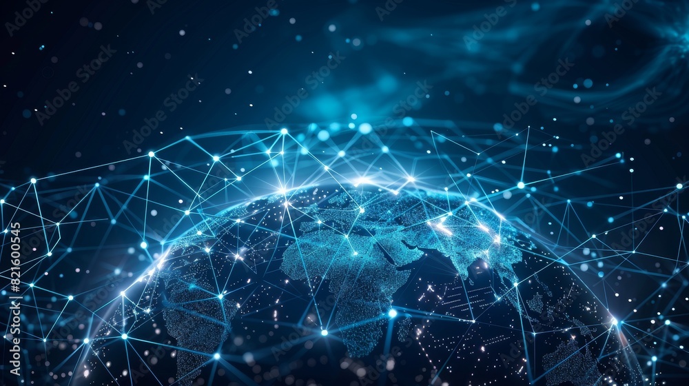 An abstract illustration of a globe surrounded by a web of interconnected lines and nodes, representing a global network An abstract illustration of a globe surrounded by a web of interconnected lines and nodes, representing a global network